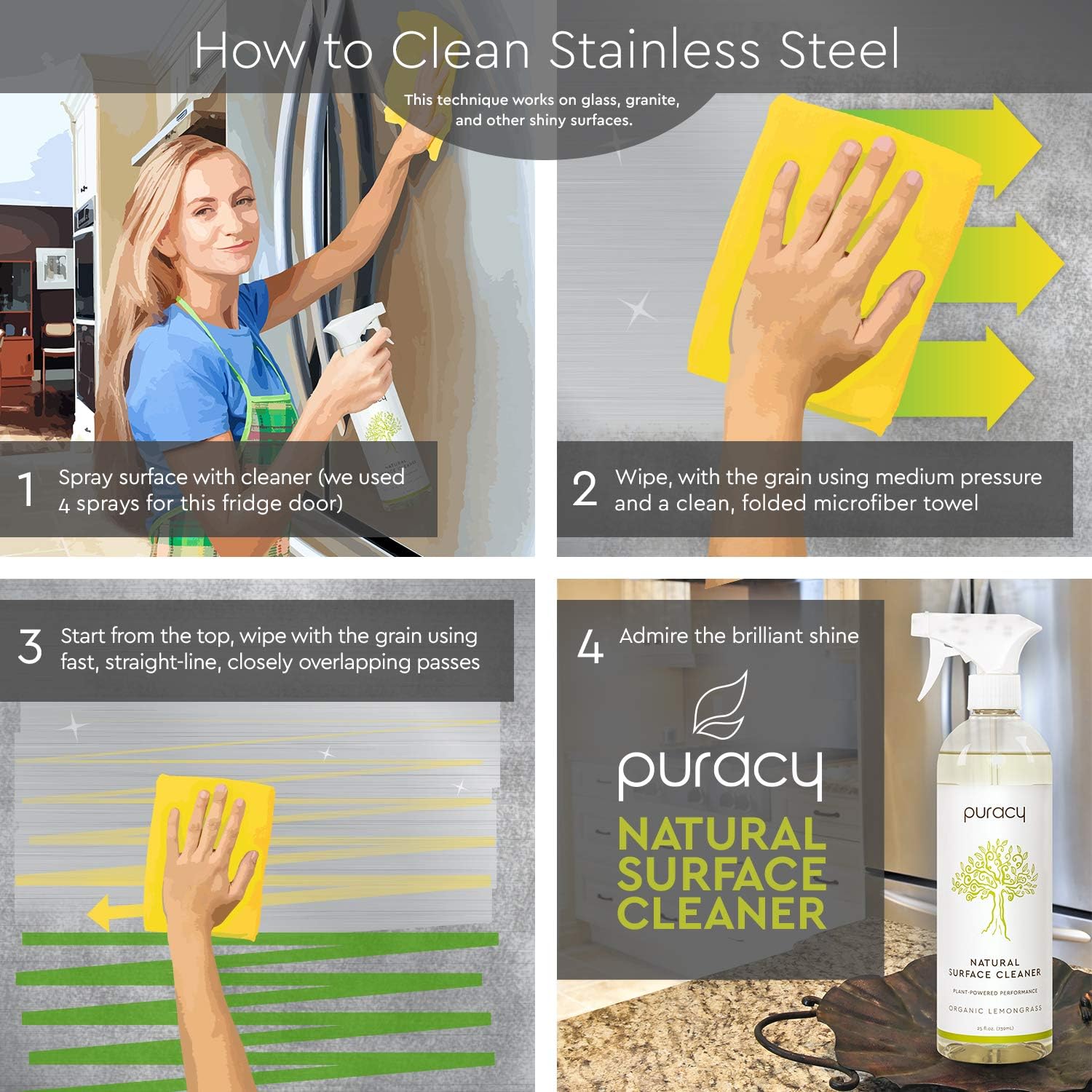 Puracy Multi-Surface Cleaner, Organic Lemongrass, Streak-Free Natural All Purpose Cleaner for Kitchens and Bathrooms, 25 Fl Oz (2-Pack): Health & Personal Care