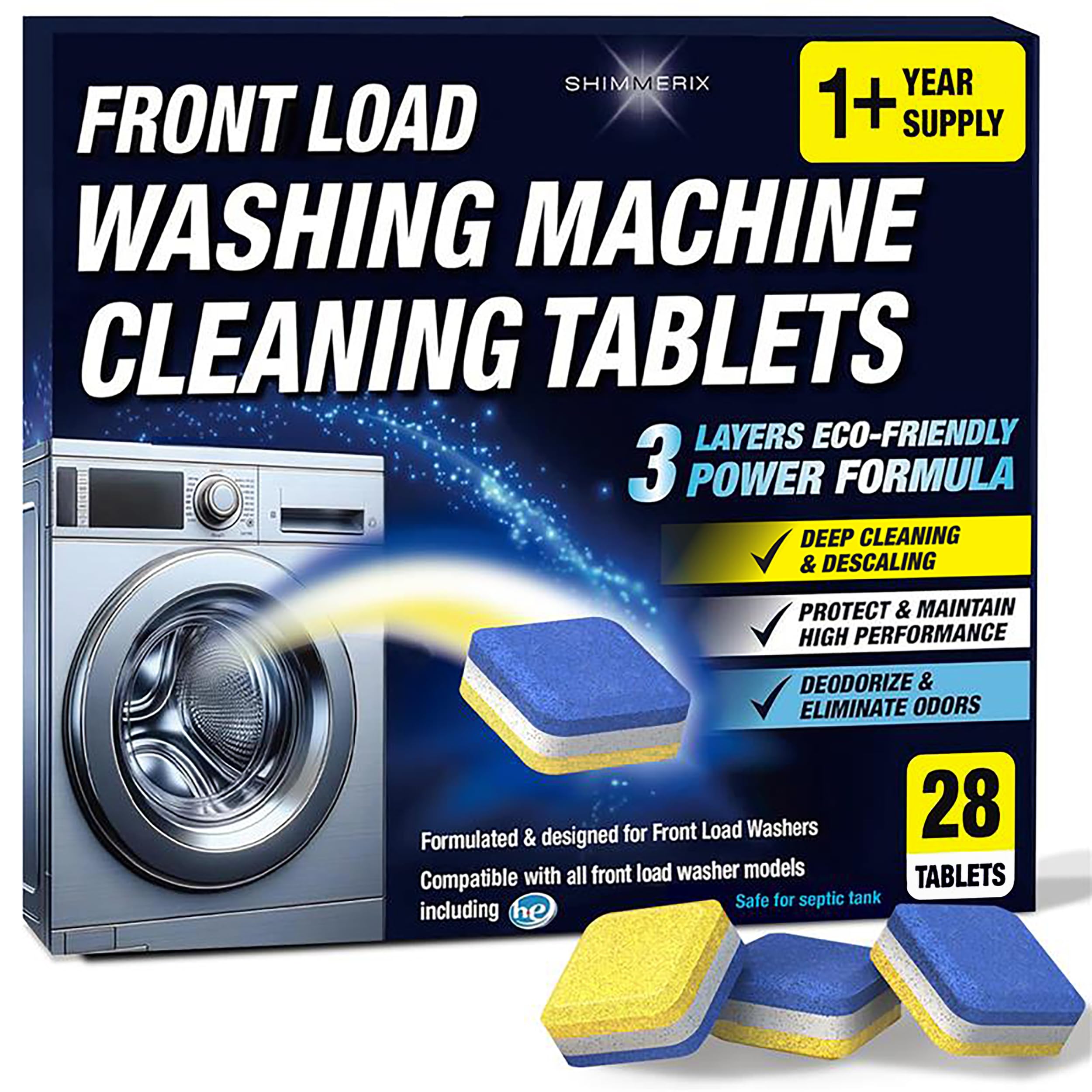 Washing Machine Cleaner Descaler 28 Pack - Designed for Front Loader Washer - Deep Cleaning Tablets For HE, Septic Safe Eco-Friendly Deodorizer, Clean Inside Drum & Laundry Tub Seal - 14 Month Supply