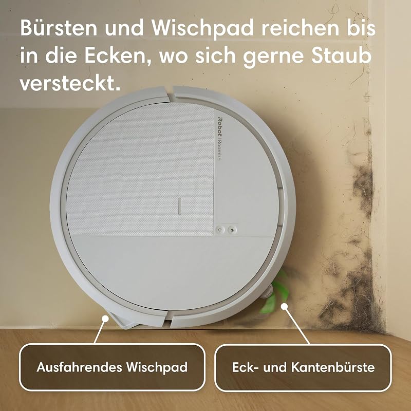 Roomba® 115 Combo Saug- und Wischroboter + AutoEmpty™ Dock, 15k Pa Saugleistung, Bürsten und Wischpad reichen, Navigation mit Clearview™ LiDAR, Weiß