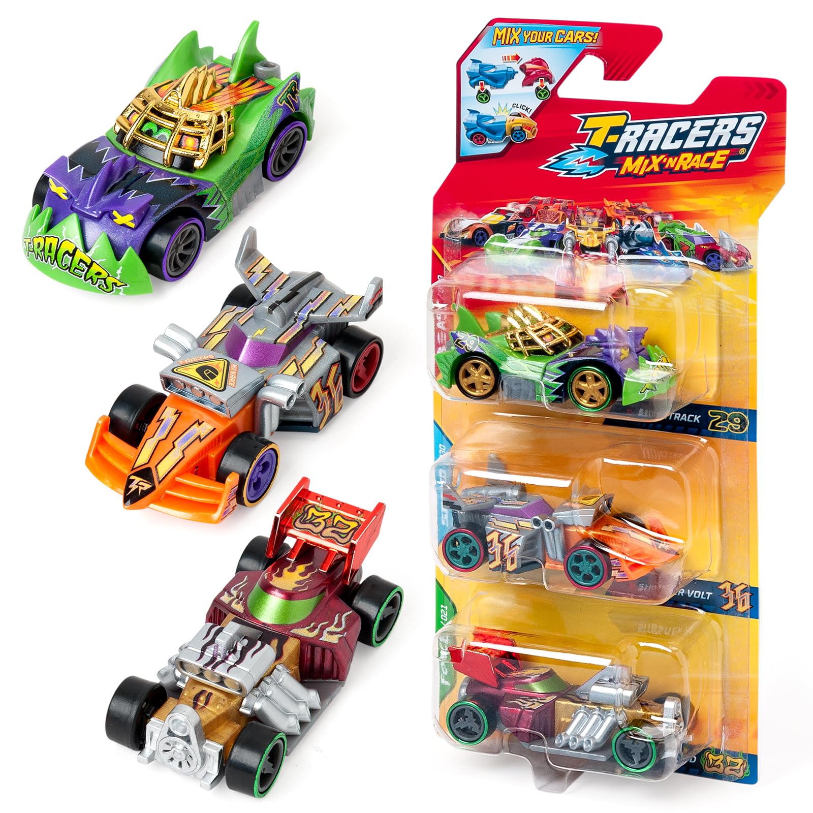 T-RACERS Mix ´N RACE 3 Pack – Pack of 3 collectible cars. Each car can be split in two with interchangeable parts and wheels. Pack 6/12