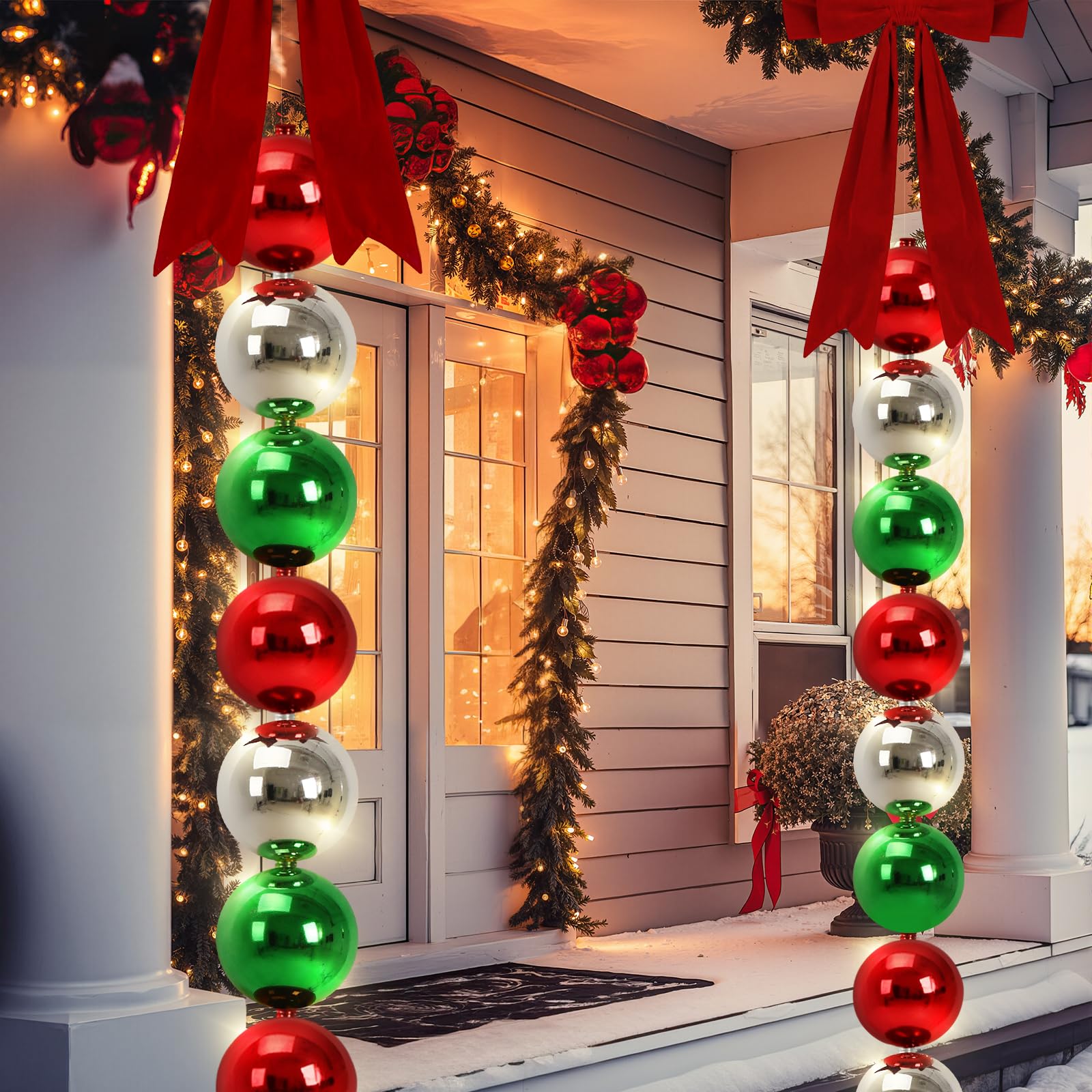 Photo 1 of Silipull 2 Sets Lighted Christmas Porch Decor, Giant Ball Garlands 6 ft with 18 Pcs 6" Large Xmas Ball 2 Pcs 20" Large Bows for New Year Party Decor Front Door Outdoor Indoor Tree Banister(Multicolor)