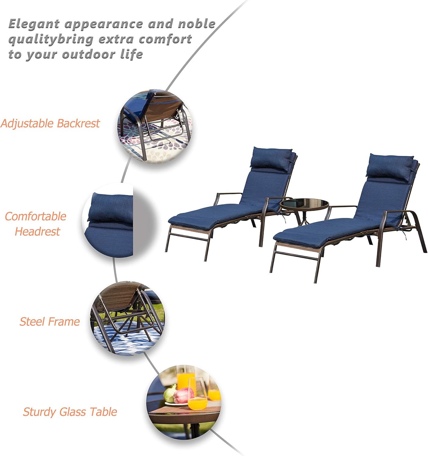 LOKATSE HOME 3 Pieces Outdoor Patio Chaise Lounges Chairs Set Adjustable with Folding Table, Dark Blue Cushions : Garden & Outdoor