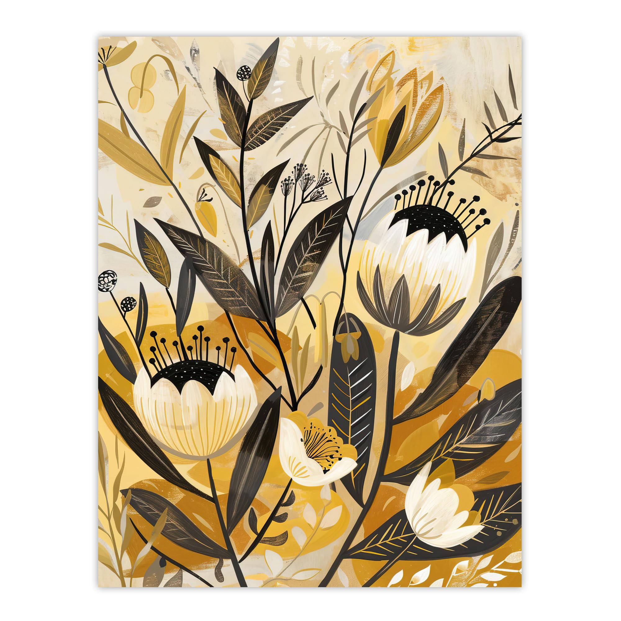 Artery8 Anemone Flowers Mustard Yellow Grey Boho Design Living Room Extra Large XL Wall Art Poster Print