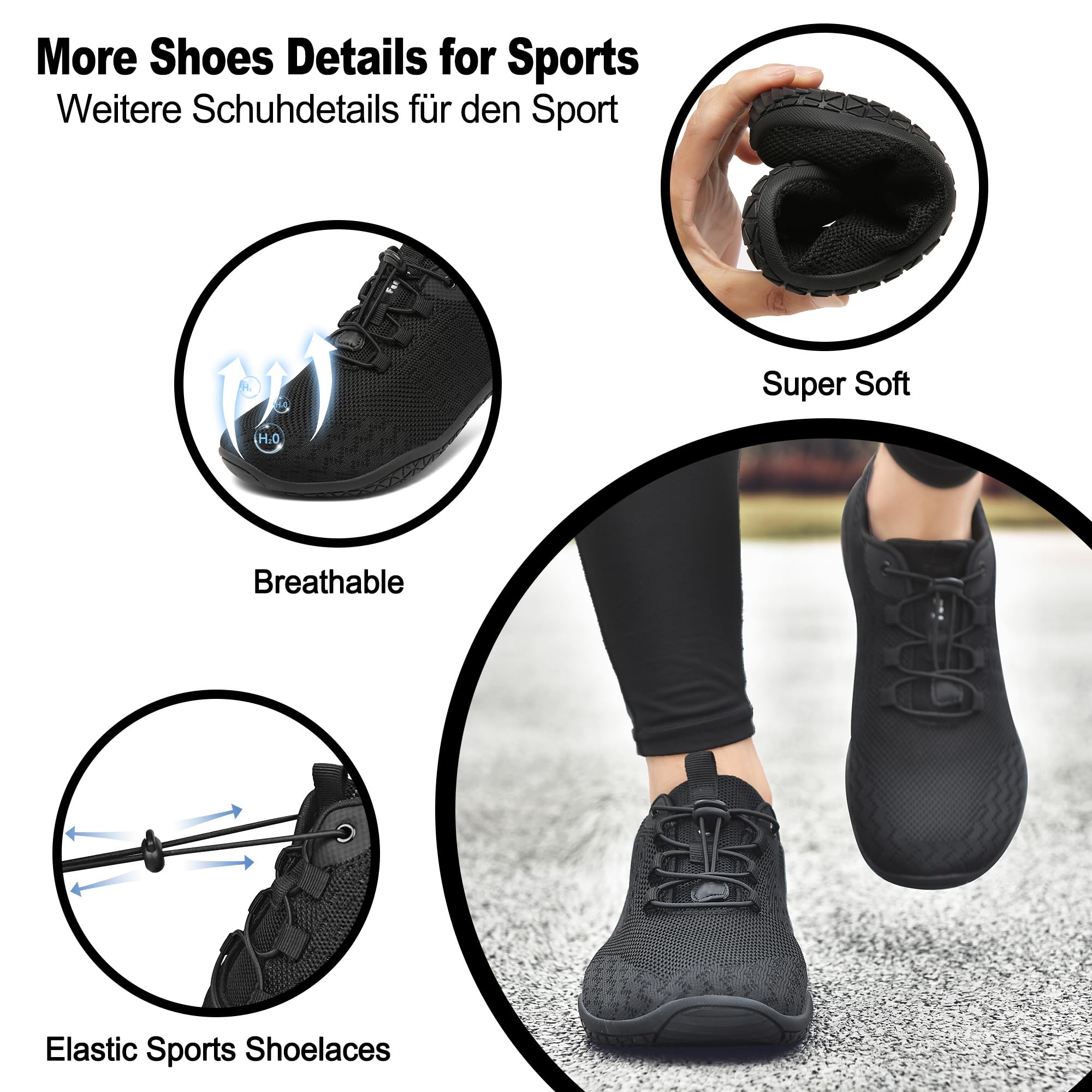 Geweo Barfußschuhe Herren Damen Sommer Bequeme Barefoot Shoes Schwarz 43EU 5