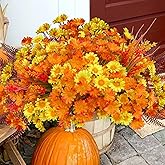 KAFDY Artificial Mums Flowers Fake Fall Plants for Outdoor Outside Thanksgiving Decoration, 12 Bundles Faux Silk Look Real Orange Yellow Chrysanthemums UV Resistant for Autumn Planters Porch Yard