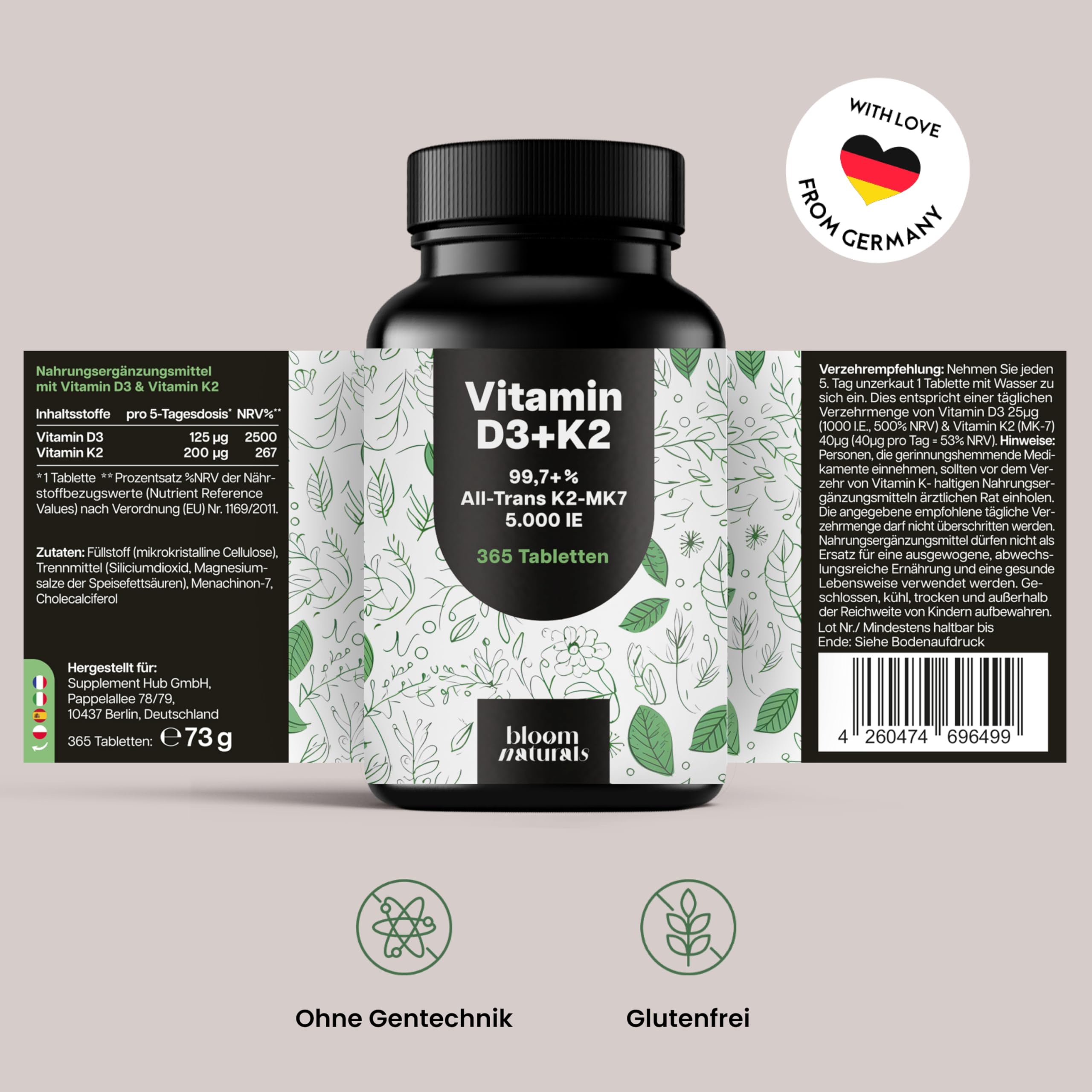 Vitamin D3 K2 5000 IE hochdosiert – 365 Tabletten – Premium 99,7+% All-Trans K2-MK7 – produziert in Deutschland - Verpackung kann variieren 6