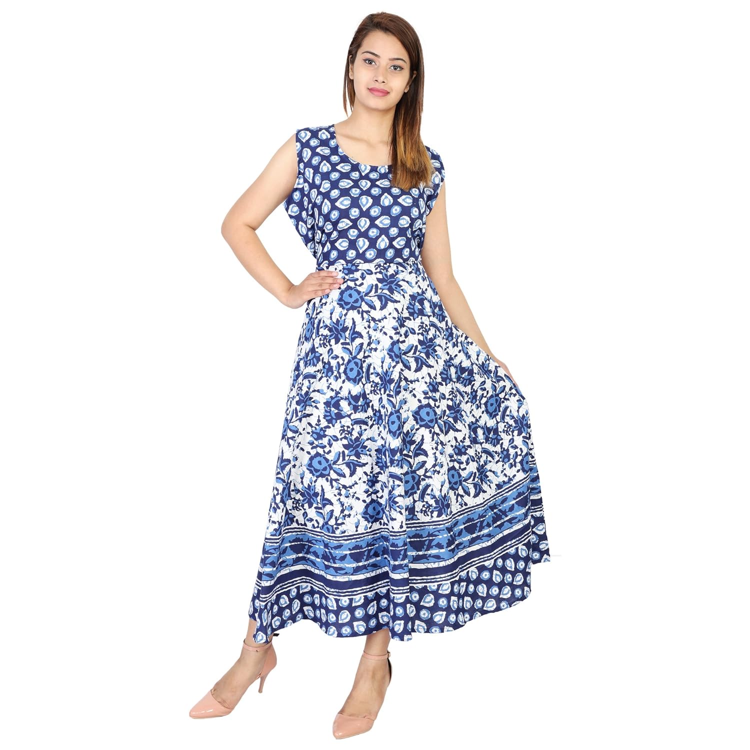 theurbanstreet 100% cotton indigo blue floral printed long maxi dress for women