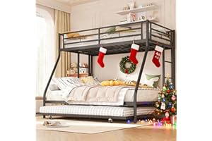 Shintenchi Twin Over Full Size Bunk Bed with Trundle, Heavy-Duty Metal Frame, 2 Ladders & Full-Length Guardrail, Space-Saving Sleep Solution for Kids/Teens/Adults, Black