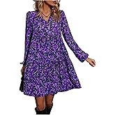 Floerns Women's Graphic Tiered Ruffle Flowy Dress Long Sleeve Notch V Neck Mini Shift Dresses