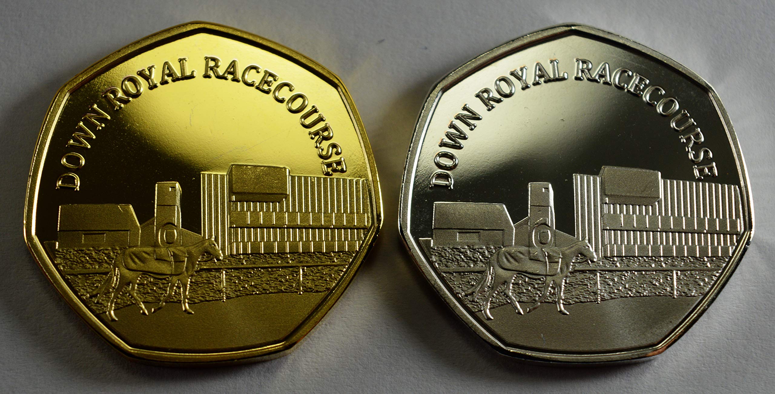 Pair of DOWN ROYAL RACECOURSE Commemorative Coins. 24ct Gold and .999 Fine Silver. Albums/50p Collectors. 2019 United Kingdom Sporting Venue Series