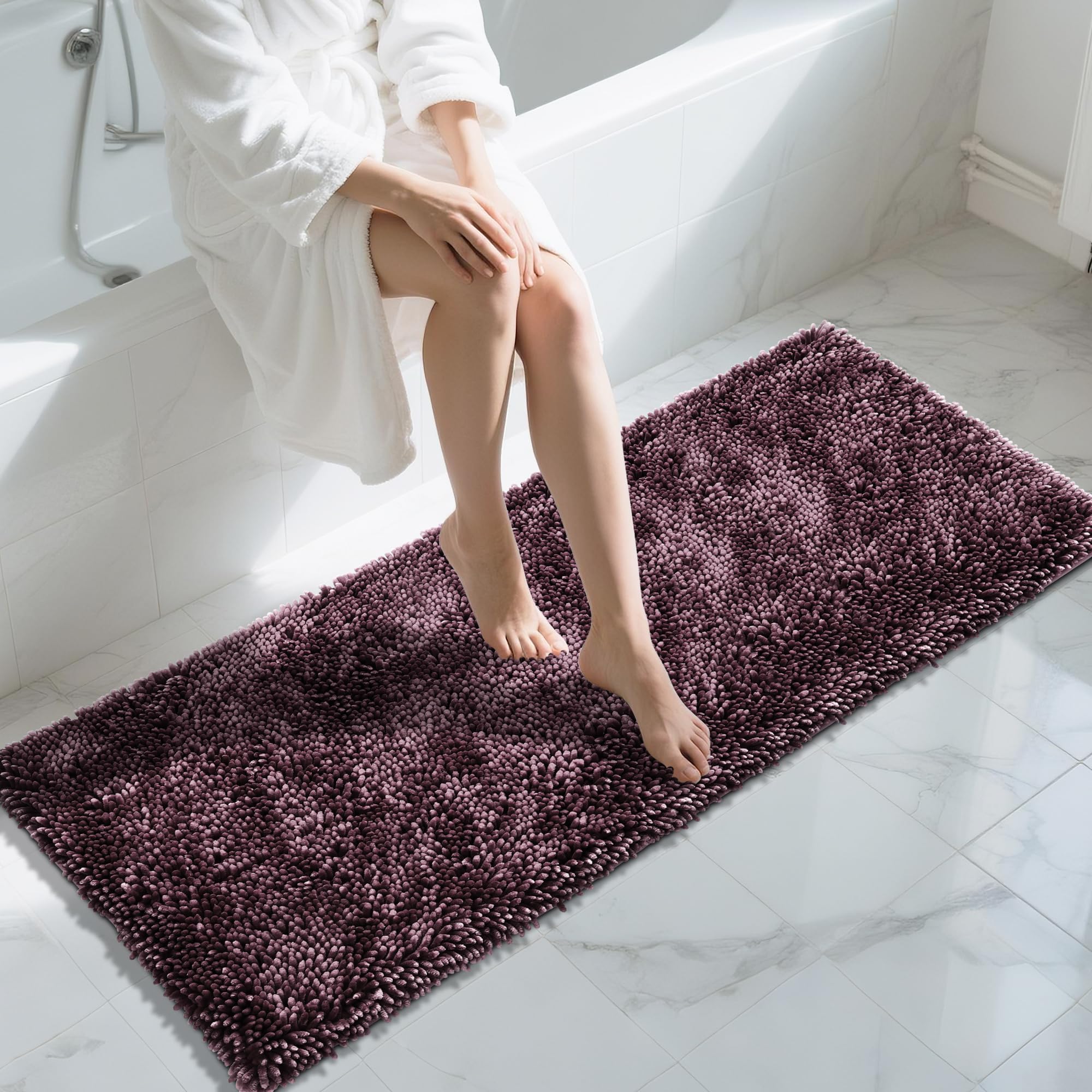 Photo 1 of Yimobra Long Bathroom Rugs Runner 60x24 Inch, Extra Thick Soft Absorbent Chenille Bath Mat, Non Slip Machine Washable, Quick Dry Bath Rugs for Bathroom Floor, Tub and Shower, Purple Grey