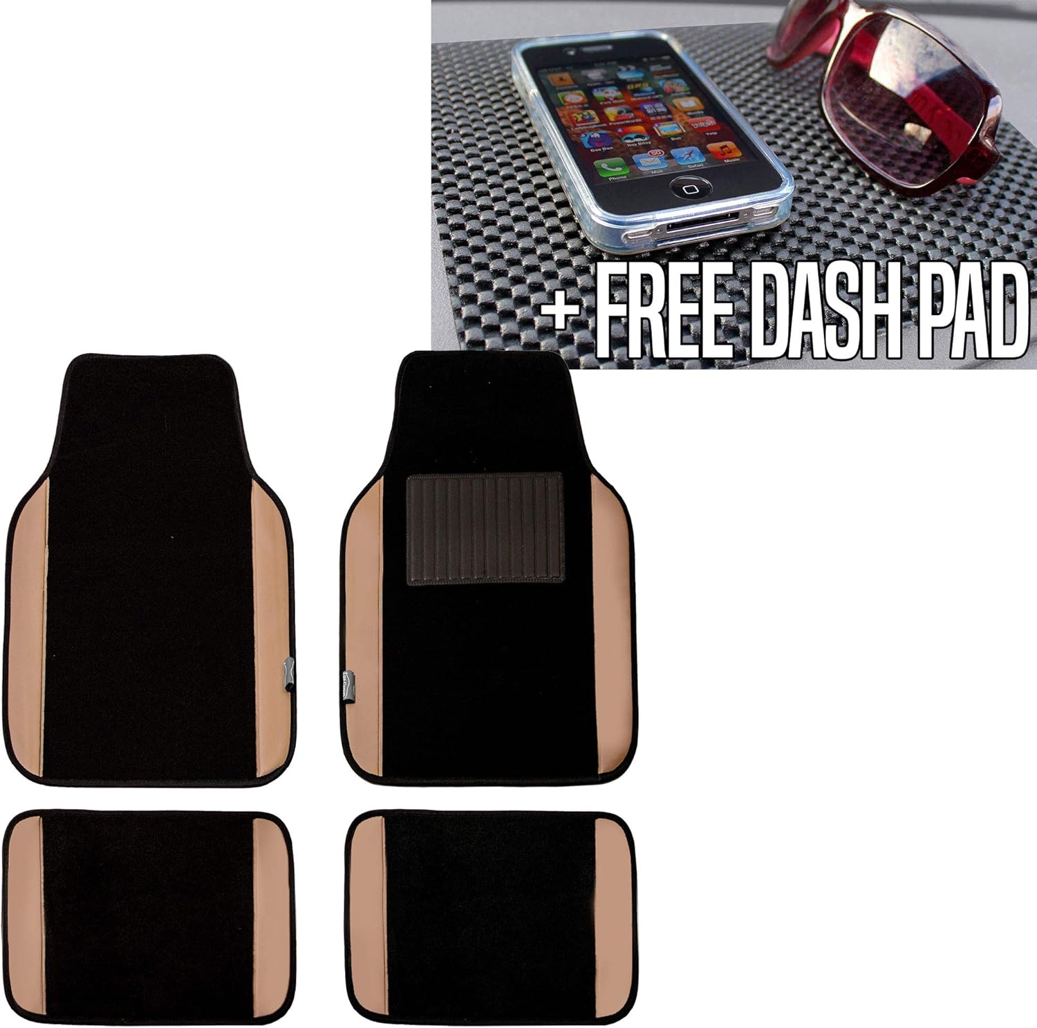 TLH Carpet Floor Mats with PU Leather Trim, Tan Black Color w/Dash pad