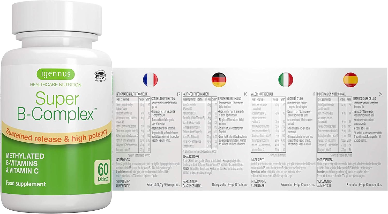 Super B-Complex – Methylated Sustained Release B Complex & Vitamin C, Folate & Methylcobalamin, Vegan, 60 Small Tablets: Health & Personal Care
