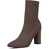 NEWBELLA Women's Pointed Toe Ankle Boots - Minimalist Chunky Heel Sock Booties, Stretch Knit Slim Fit Casual Boots for Fall & Winter
