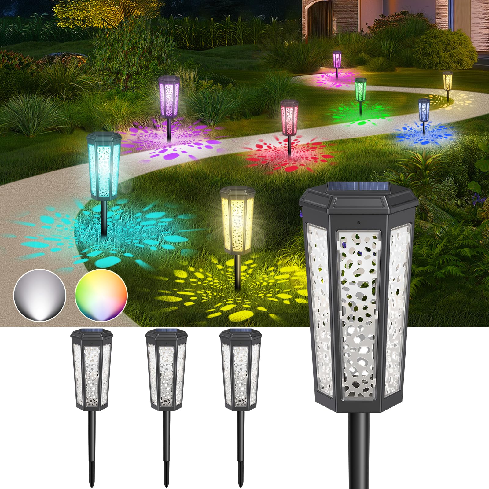 Photo 1 of Colored Solar Powered Pathway Landscape Lights Outdoor Cool White & RGB Dusk to Dawn Waterproof for Garden Sideway Outside, Patio, Path, Yard, Walkway, Driveway, 2 Modes 4 Pack Accent Modern Design