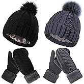Sintege 4 Pcs Winter Beanie Hat Mittens Sets Satin Lined Hats with Pom Knit Beanie Wool Knit Winter Gloves for Hiking Skiing