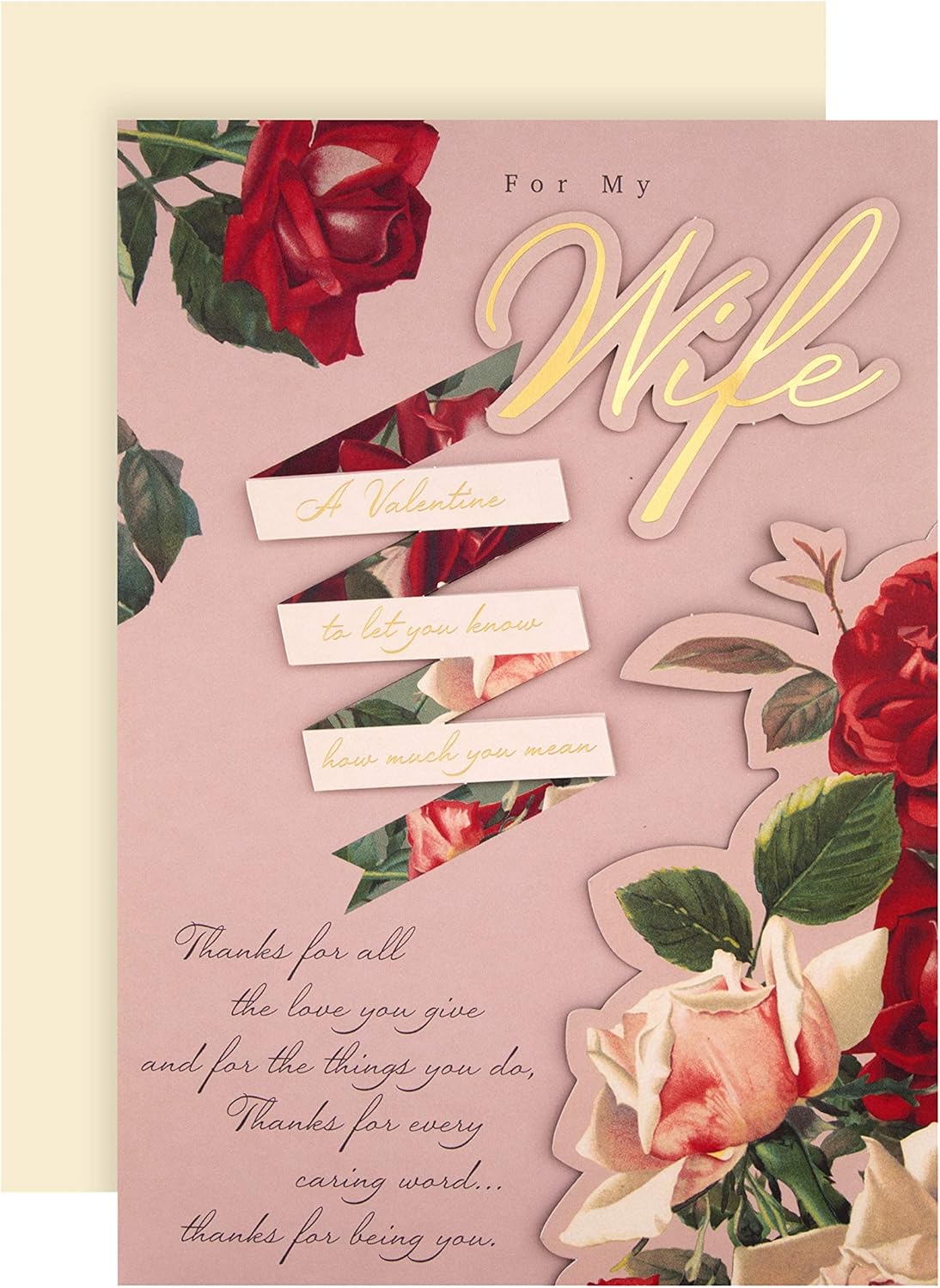 Hallmark Valentines Day Card for Wife 3D & Pop-up Design, Classic Floral Design, Pink, Red, Wife Pink Roses Banner, 26 cm by 18 cm