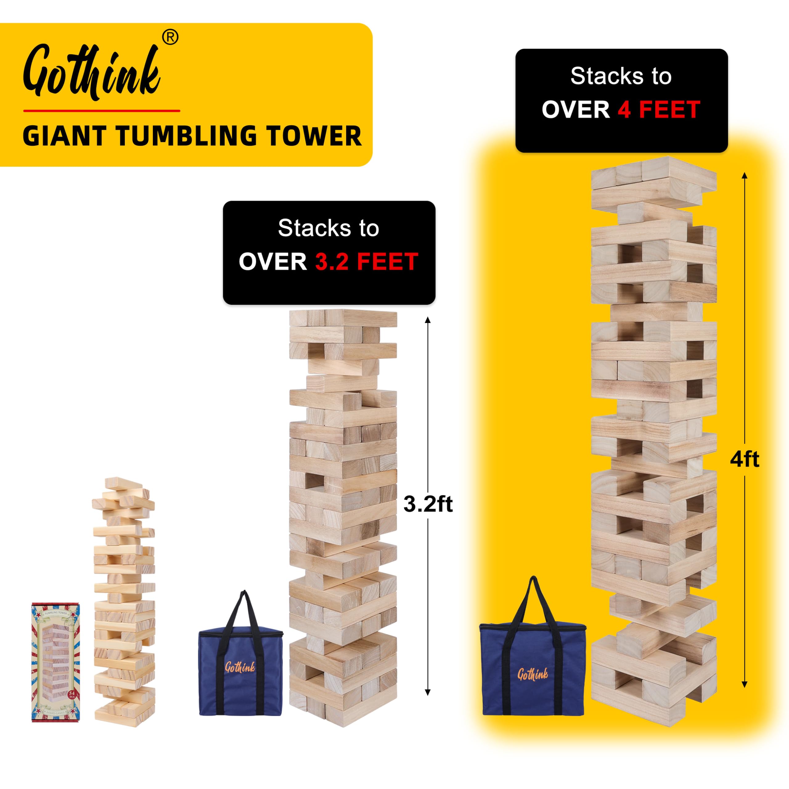 GOTHINK Giant Tumble Tower Game, Large Tumbling Tower Stacking to Over 4 FT 54pcs Wooden Jumbo Blocks for Outside Yard Games with Carry Case Timber Stacking Game Night Toy Gift for Kids Adults Family