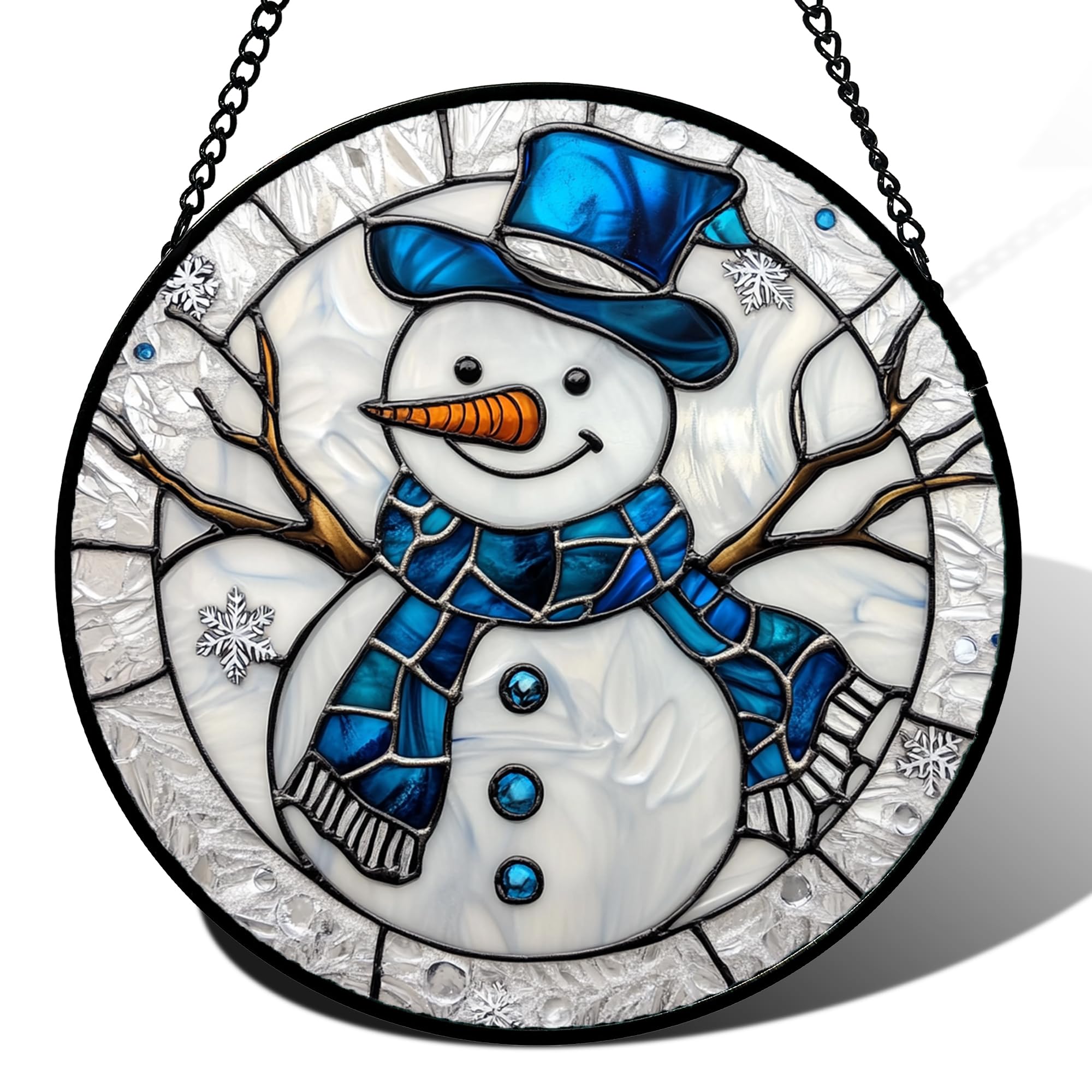 DASTOLL Stained Glass Window Hanging Christmas Snowman Blue White 9.8" - Suncatcher Door Garden Sun Catcher Home Decor Birthday Mother's Day Xmas Gift for Mom Men Woman Her Nana Parents Girl Image