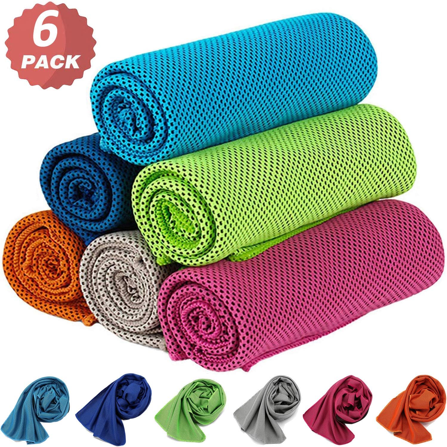 KEAFOLS Cooling Towel 6 Pack, 100 x 30cm Quick Dry Breathable Sweat Towel Ice Cool Towel for Instant Cooling Relief, Gym Towel for Men Women Yoga Golf Beach Travel Camping