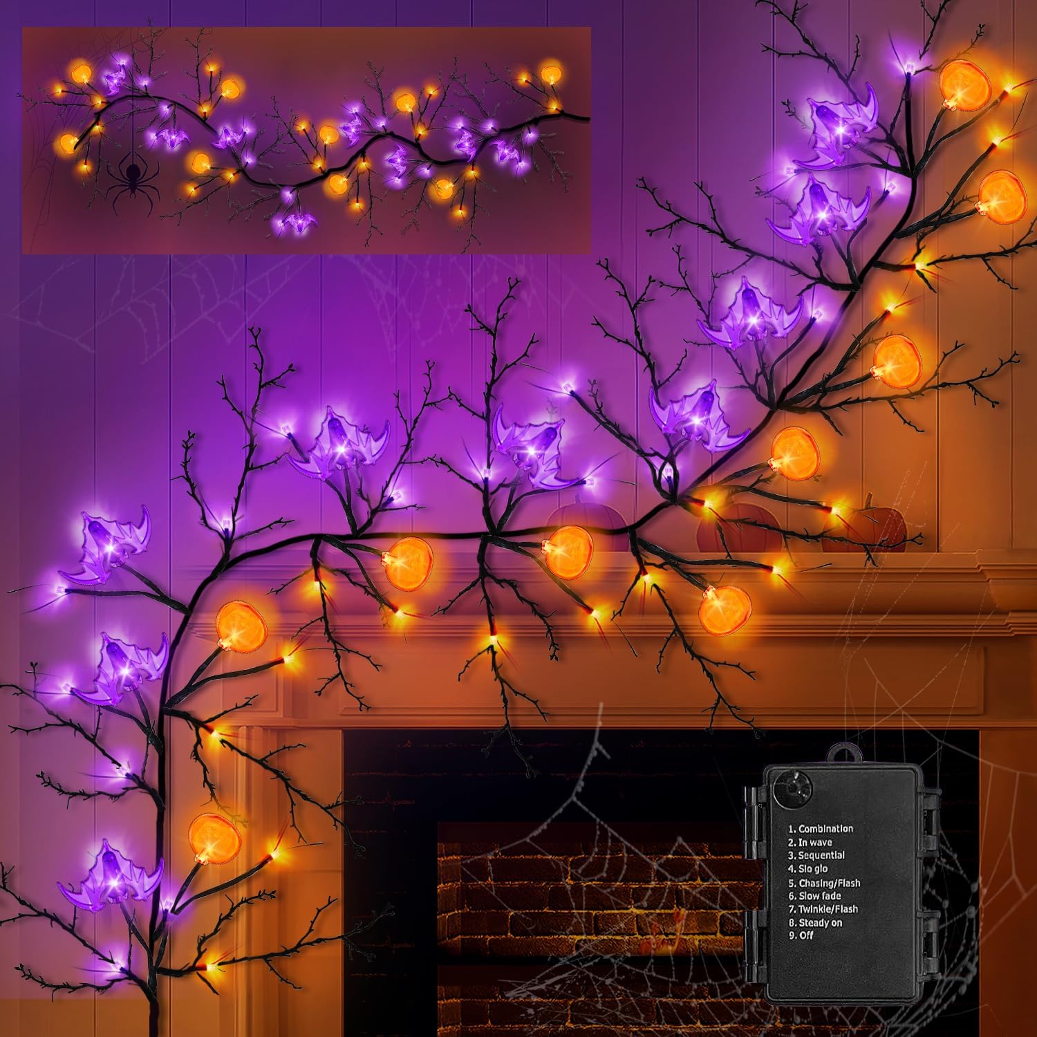 Wreaths, Garlands & Swags - Couah 6 Ft 54 LED Halloween Willow Vine Twig Decor Garland with 8 Modes Timer 9 Pumpkins 9 Bats Waterproof Battery Operated Scary Halloween Decorations for Home Wall Mantle Fireplace Decor