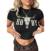 Western Cowgirl Crop Top for Women - Country Concert Cowboy Rodeo Outfit Cow Skull Graphic Tee Vintage Howdy Shirts