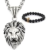 Gungneer Lion CZ Stone Necklace Pendant Stainless Steel Keel Chain Animal Accessory King Jewelry for Men Women