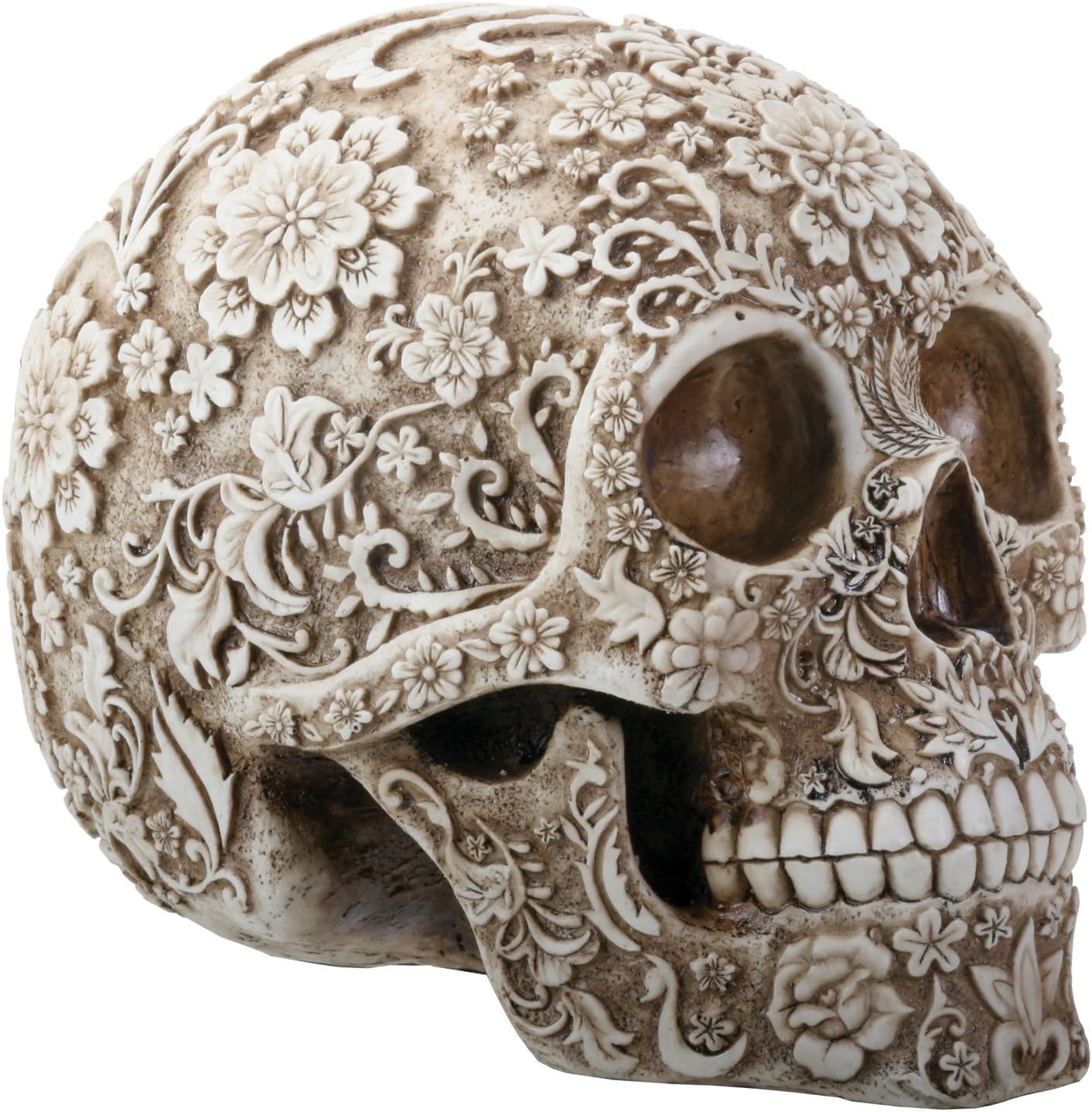 SUMMIT COLLECTION Day of The Dead 8 Inch White and Light Brown Colored Floral Human Skull Collectible