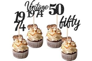 ZHUOWEISM 24 PCS Black Vintage 1974 Cupcake Toppers Glitter Number 50 Cheers to 50 Fabulous Fifty Cupcake Picks 50th Birthday