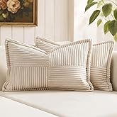 MIULEE Decorative Lumbar Throw Pillow Covers for Couch Bed Livingroom 12x20 Inch Set of 2 Beige Boho Accent Throw Pllows Broadside Striped Patchwork Soft Corduroy Pillowcases