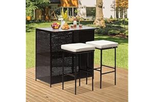 BLKMTY Patio Bar Set 3-Piece Wicker Patio Table Set Outdoor Bar Set 2 Stools and 1 Glass Top Table Patio Rattan Bar Table Set Outdoor Bistro Set Patio Furniture Set for Deck, Backyard, Khaki