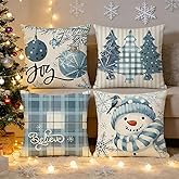 Christmas Xmas Tree Winter Pillow Covers 18 x 18 Inch,Set of 4 Decorative Snowman Joy Snowflake Stripes Designs for Seasonal Winter Decoration Couch Sofa Bedroom Living Room Decor