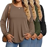 Huukeay 3 Pack Women Plus Size Long Sleeve Tops Loose Fit Tunic Shirts Crewneck Basic Tops Curved Hem Casual T Shirts