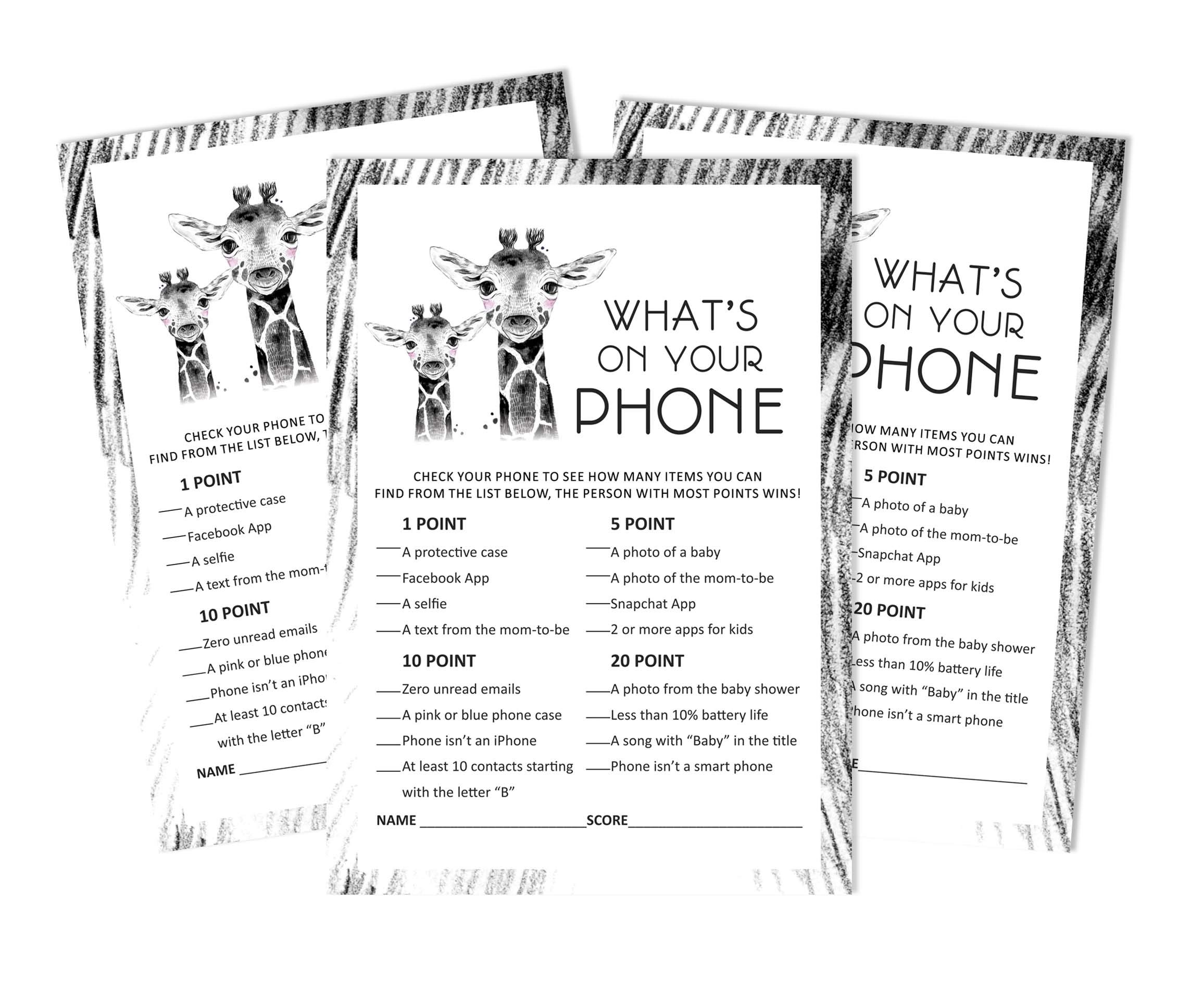 Inkdotpot 50 Sheets What's In Your Phone Baby Shower Game Cards Giraffe Jungle Animals Activity Cards Party Idea Baby Shower Party Supply