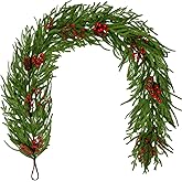 Hollyone 6FT Norfolk Pine Garland Real Touch Winter Pine Garland with Red Berry Christmas Garlands Artificial Greenery for Table Mantle Wall Indoor Outdoor Mantle Holiday Christmas Home Decor