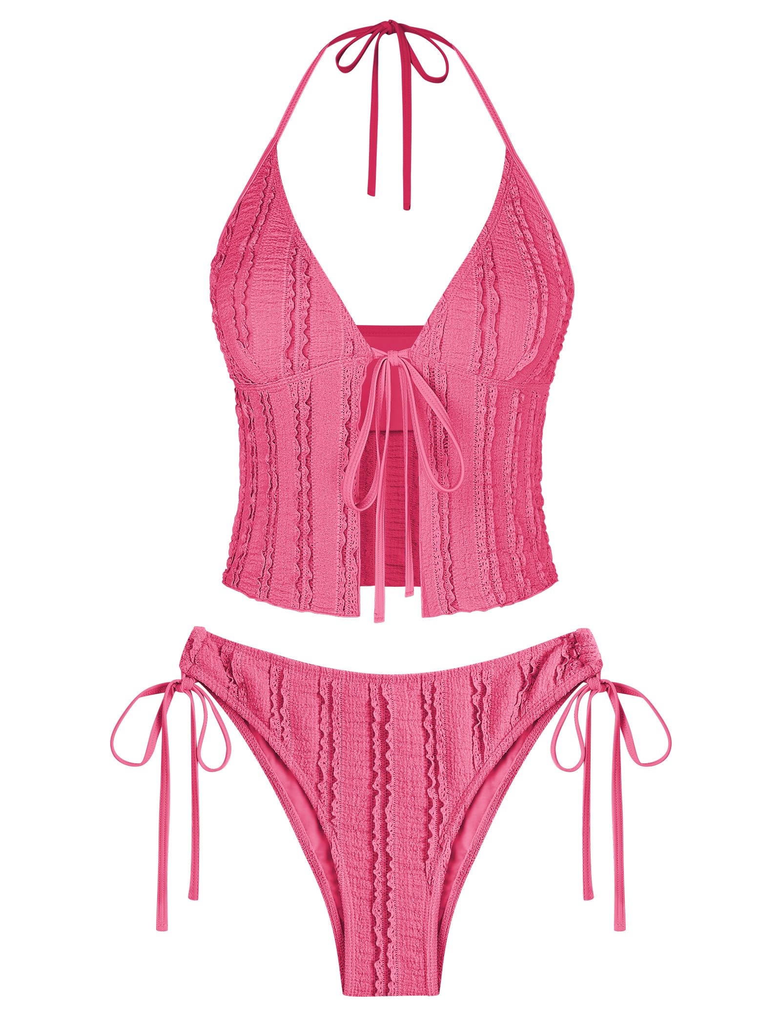 Photo 1 of ZAFUL Tankini Swimsuits for Women Smocked Ruffles Tie Front Bowknot Textured High Cut Tanga Tankini Set(Re-Light Pink, M)
