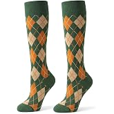RosyClouds Womens Girls Knee High Socks Green Black Navy Blue Khaki Coffee Vintage Argyle Novelty Socks