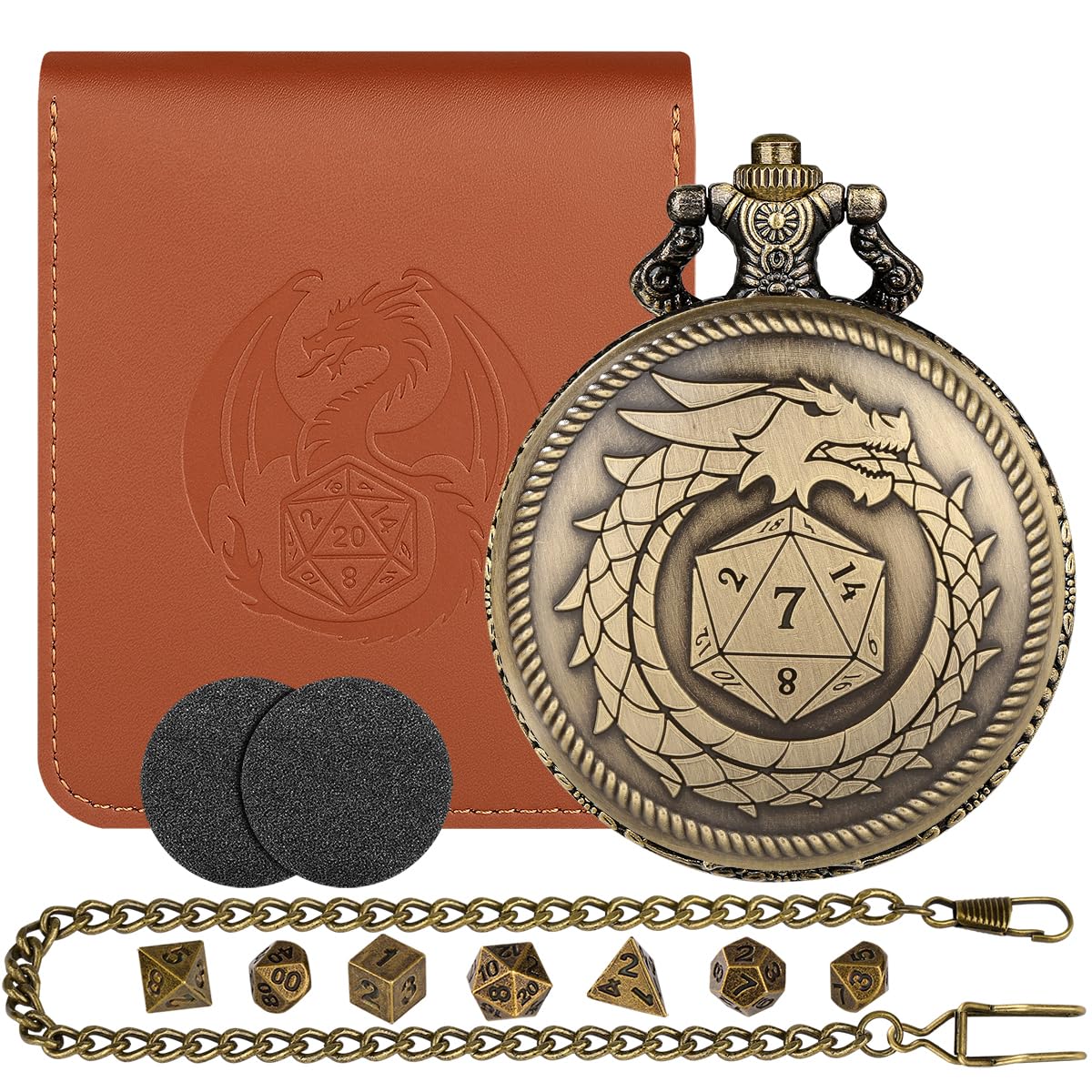 Mini D&D Dice Set with Bronze Steampunk Dragon Swallow Tail Pocket Watch Shell Case, DND Dice Bag, 7pcs Polyhedral Dice Set, Portable DND Starter Set, Board Games Accessories, RPG MTG Gifts