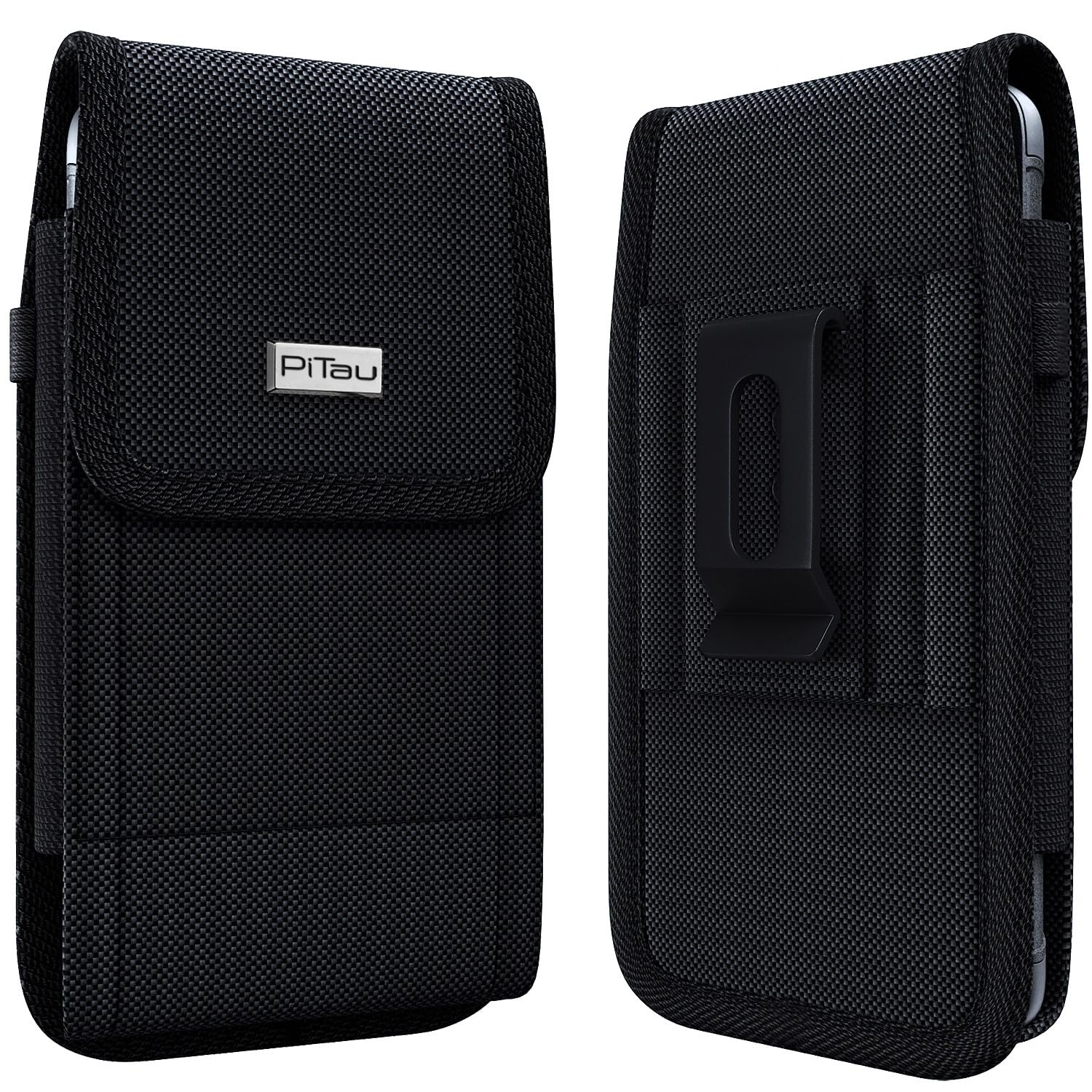 PiTau Holster for Large iPhone Plus, Pro Max 16 15 14 13 12 11 Xs Max Models – Rugged Nylon Cell Phone Belt Holder for Men, Case with Belt Clip, Fits Otterbox Commuter Cover, Black