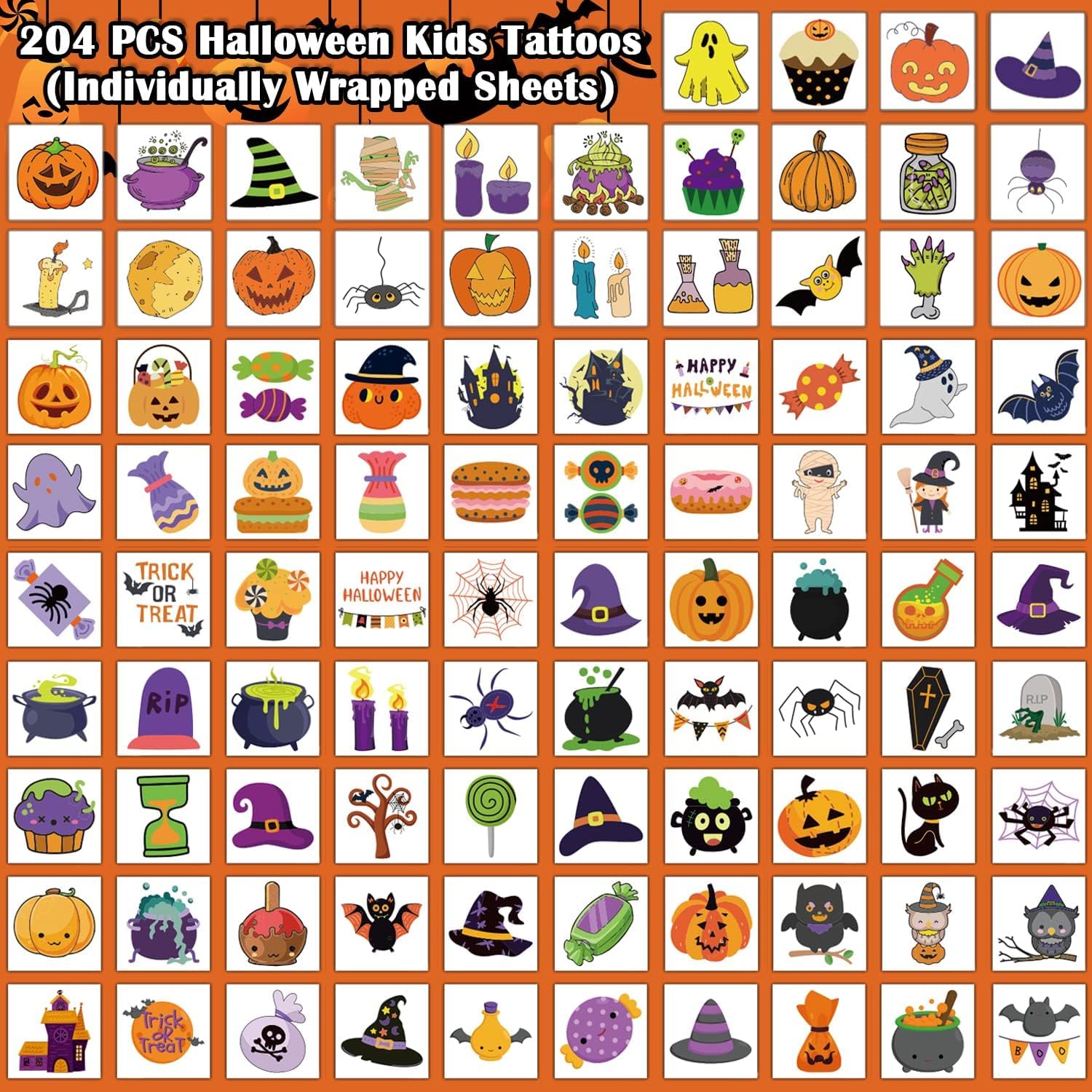Partywind 204 Individually Wrapped Sheets Halloween Tattoos for Kids Party Supplies, Halloween Pumpkin Decorations, Halloween Treats Goodie Bag Stuffers for Boys and Girls