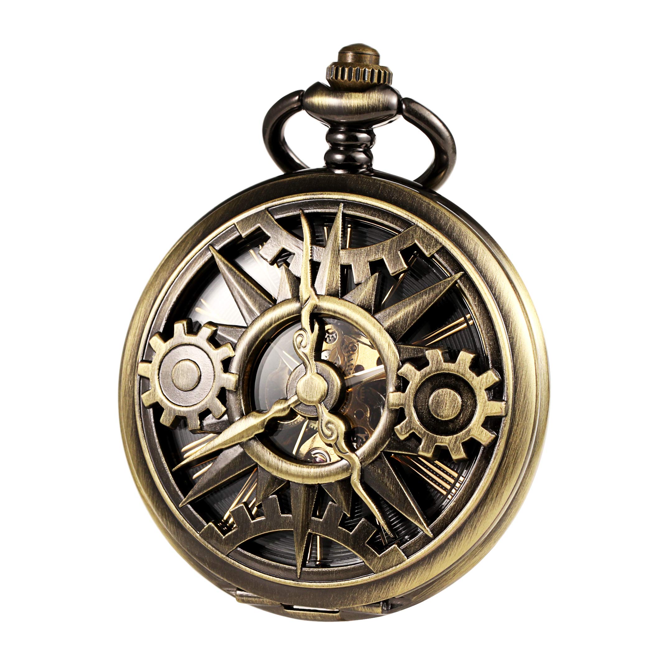 TREEWETO Unisex Pocket Watch with Chain Analogue Hand Winding Double Hinge Mechanical Gear Skeleton for Men Women Bronze