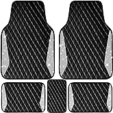 CAR PASS Bling Leather Car Mats Shining Diamond Floor Mats Crystal Rhinestone Sparkly Glitter Carpet Anti-Slip Waterproof Pad Universal Fit Automotive SUV, Sedan, Van, 5pcs Girl Women, Black Silver
