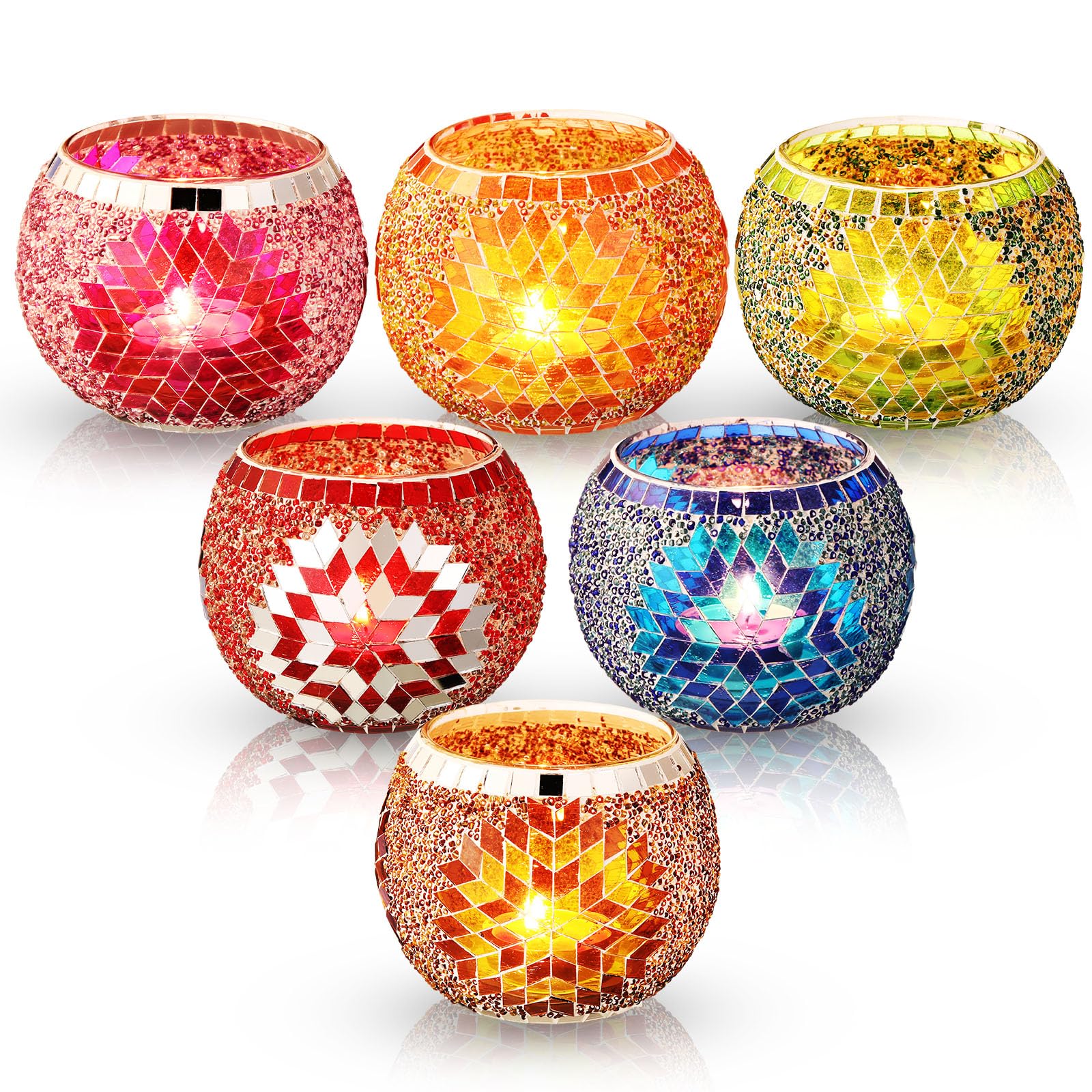 Photo 1 of Baderke 6 Pcs Diwali Tealight Candle Holders Glass Votive Candle Holder Decorative Glass Tealight Votive Holder Bowl Mosaic Glass Tea Light for Diwali, Halloween, Thanksgiving, Christmas(Snowflake)