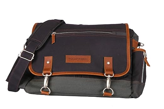 Bulletproof Alphas Tough Messenger Bag in Quality Canvas and Genuine Leather with Waterproof Laptop Sleeve and Multipurpose Camera Pouch.