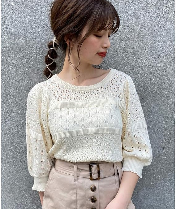 Amazon マジェスティックレゴン Majestic Legon 透かし柄パフスリーブニット アイボリー M セーター 通販