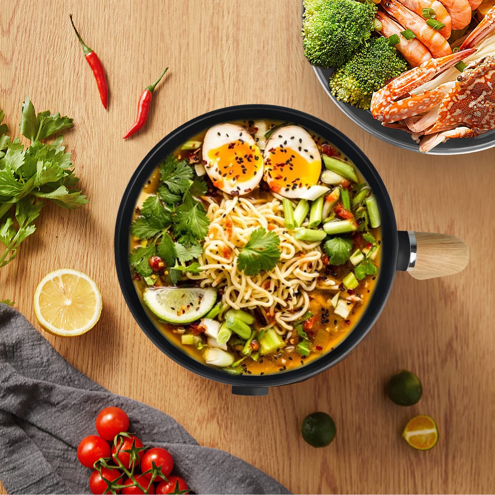 Hot Pot Electric with Steamer, 1.5L Portable Non-Stick Multicooker, Travel Electric Skillet with Dual Power Control for Pasta/Soup/Steak/Egg/Oatmeal (Black)