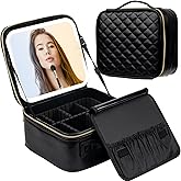 SJD Travel Makeup Bag with LED Mirror, Portable Cosmetic Case Organizer with Lighted Mirror, Waterproof Makeup Case for Cosmetic Brush Holder Storage, Black Toiletry Bag for Women Gift