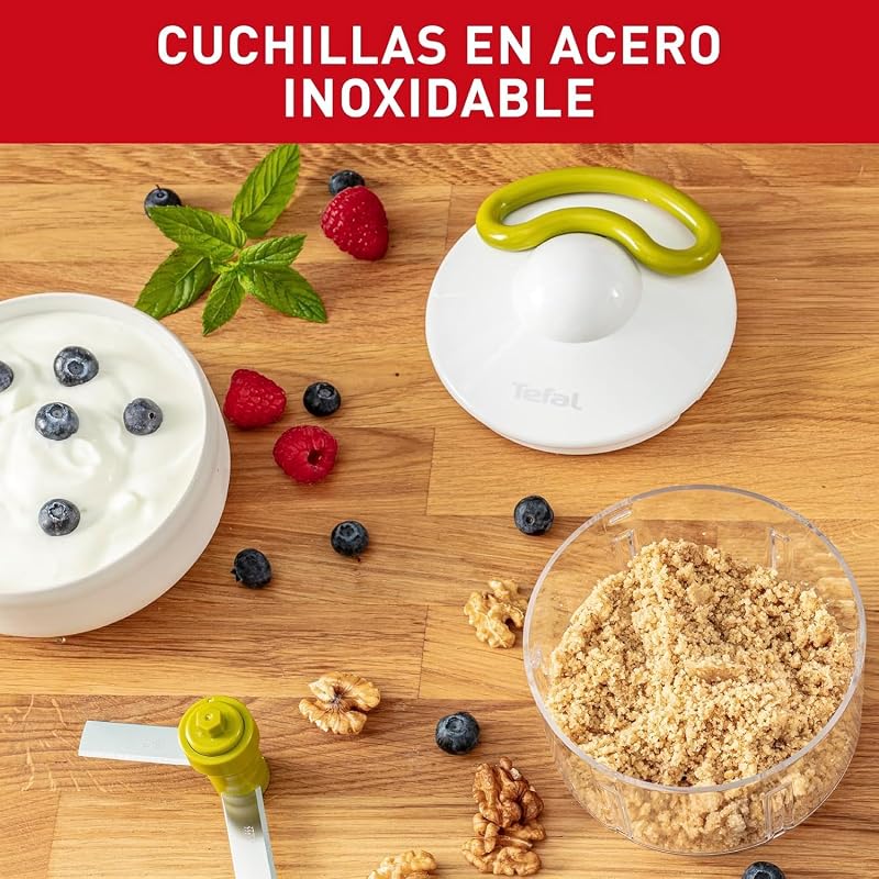Picador manual tefal fresh kitchen 5 segundos k13304, corte grosso, médio e fino, duas facas independentes e patenteadas, sem eletricidade, base antiderrapante, cor branca e verde, 500 ml + 2 lâminas