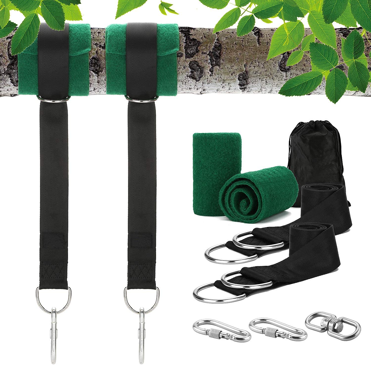 Namvo Tree Swing Straps Hanging Straps Kit Holds 300KG, Ultra Strong 1.5M/5ft Swing Hanging Strap With Safer Lock Snap Carabiner Hooks and Tree Protection Pads for Patio Hammocks and Swings