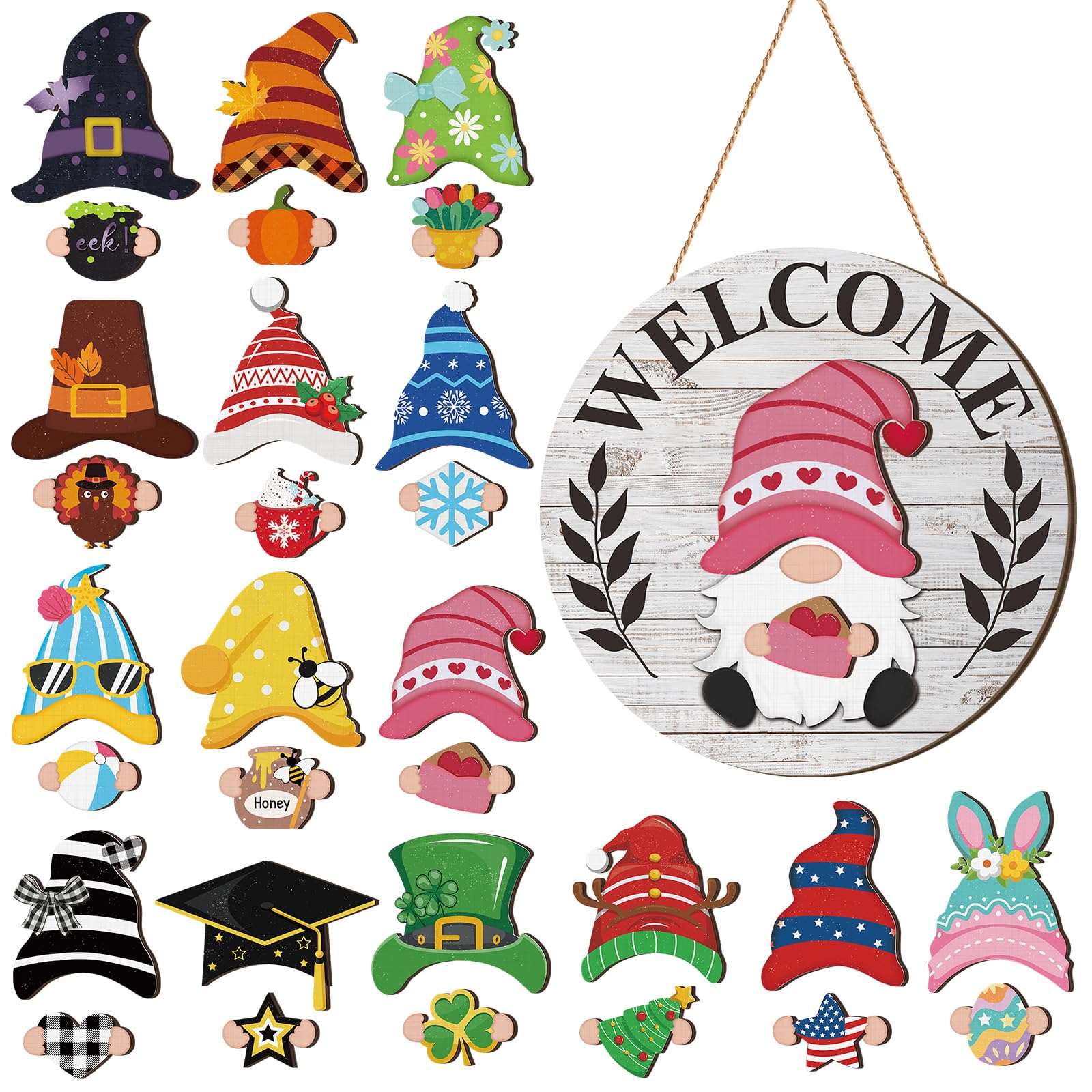 Photo 1 of Qunclay Interchangeable Wooden Gnome Décor Holiday Seasonal Gnome Decorations with Magnet Pieces and Detachable Hats Changeable Welcome Sign for Home (Grey and White)
